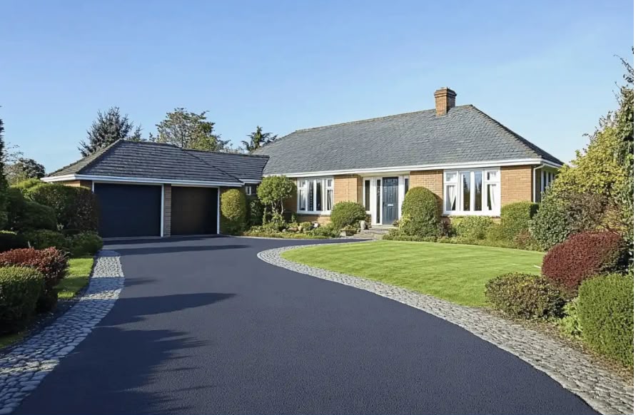 Two-tone block paving soldier course border between tarmac and driveway
