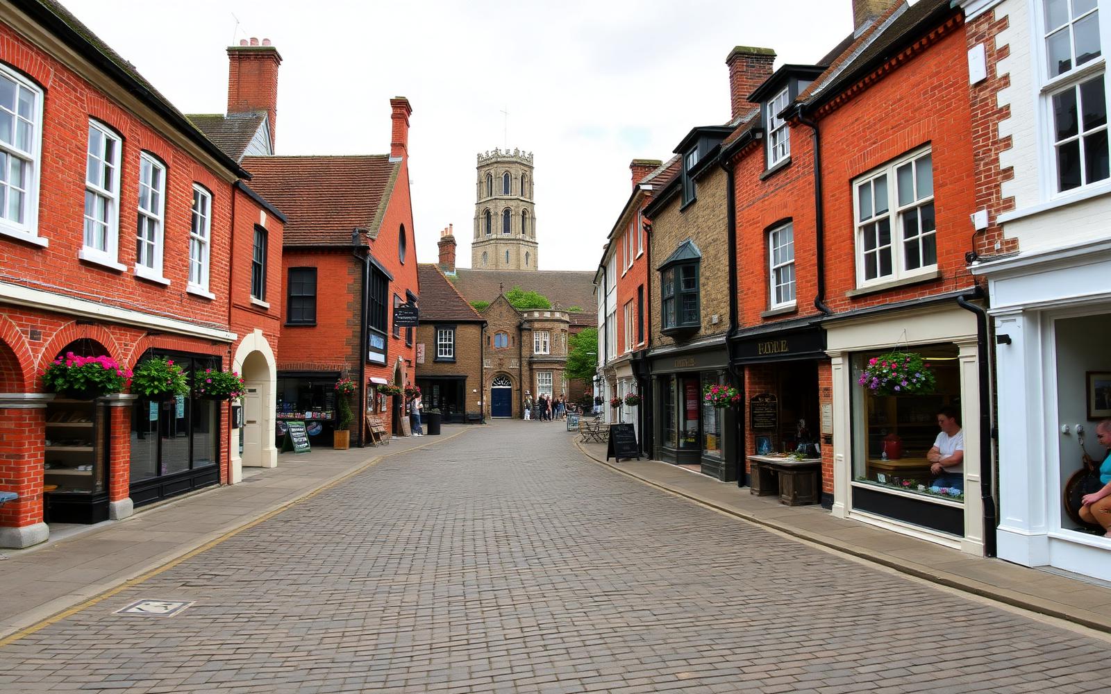 Andover town centre with the historic Norman church tower rising above brick and cobble streets