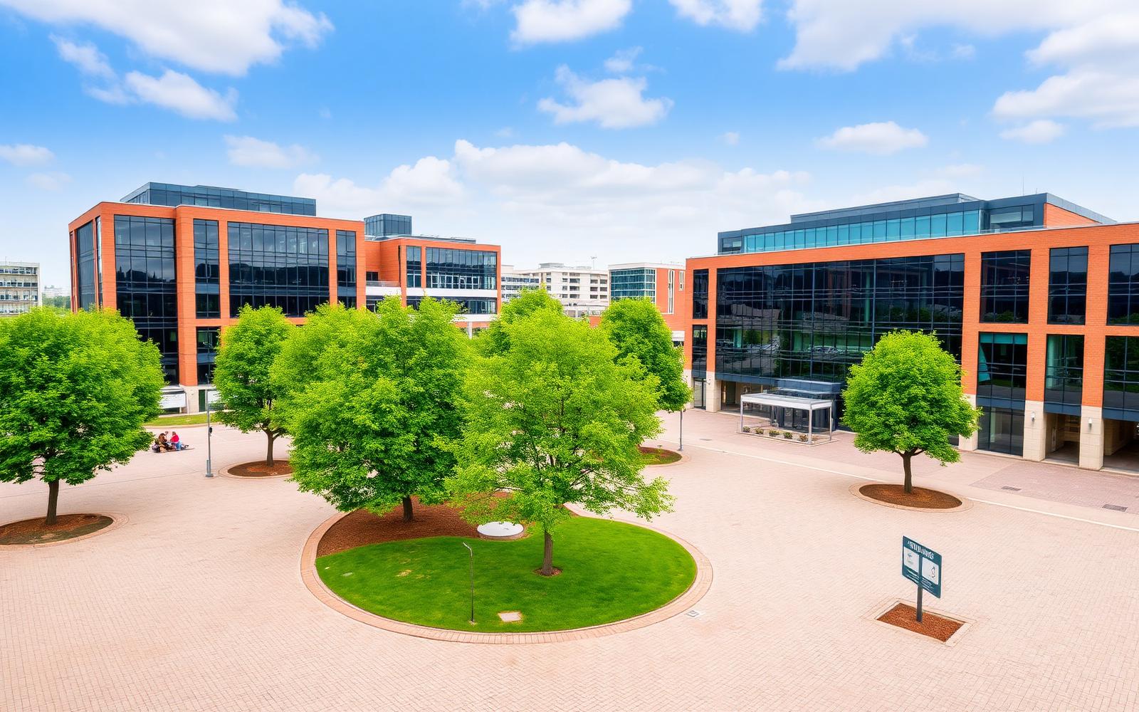 Basingstoke modern town centre with brick and glass office buildings around a landscaped public square