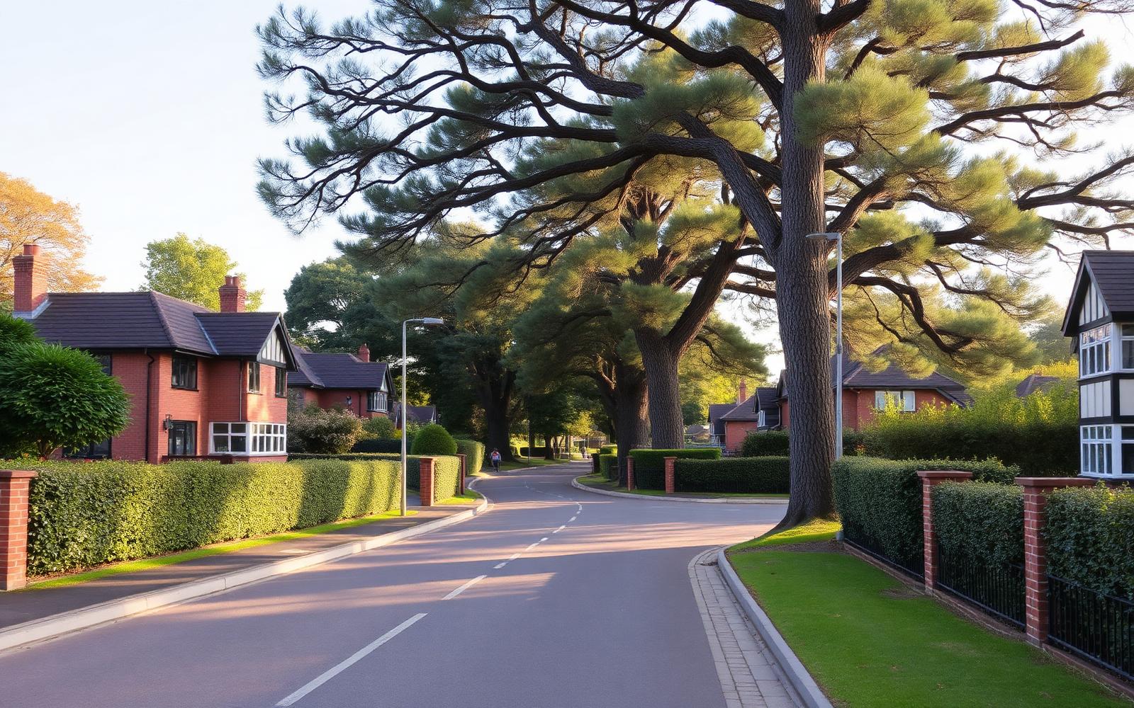 Leafy residential street in Camberley lined with detached houses and mature pine trees