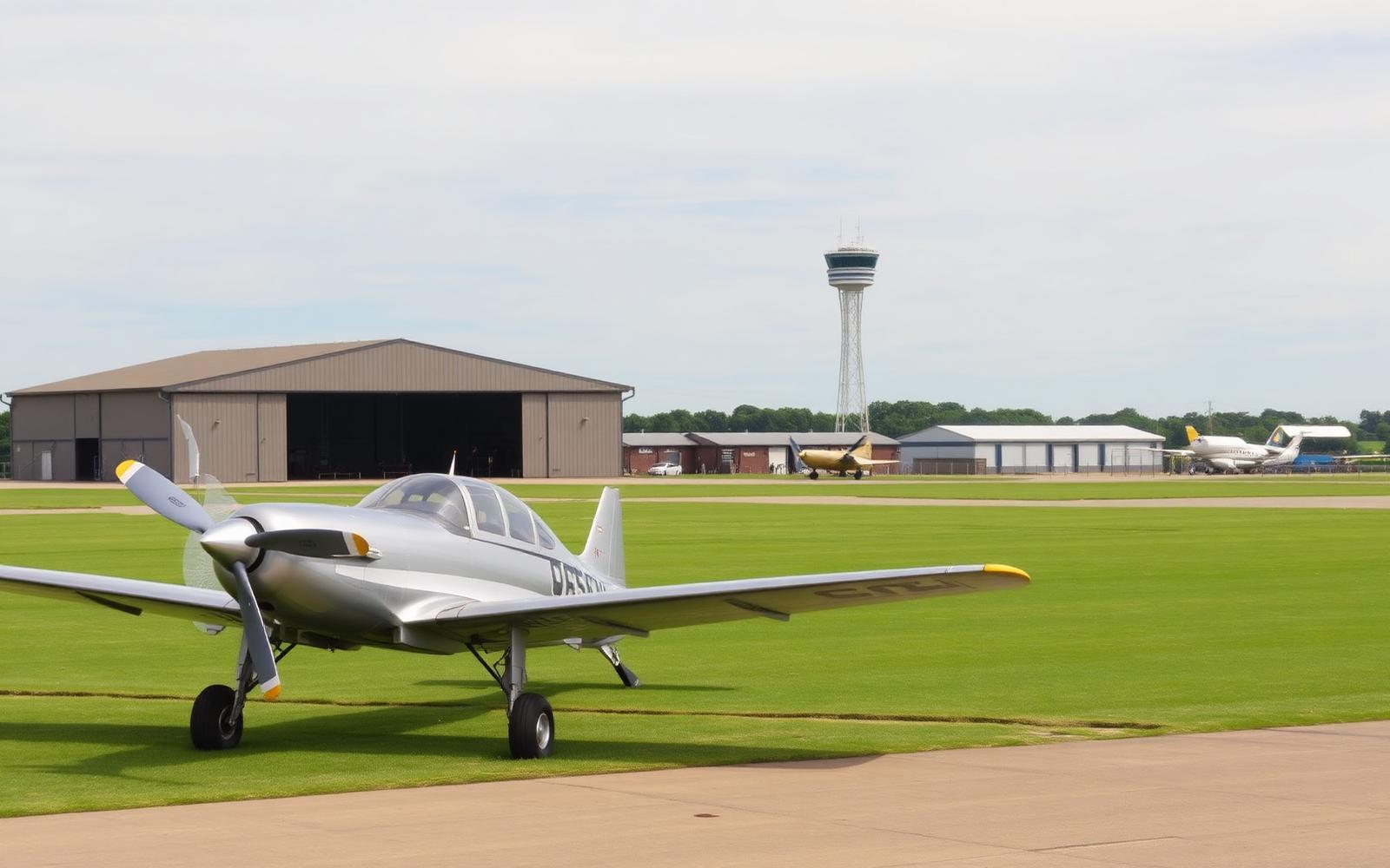 Farnborough airfield with a vintage silver propeller aircraft, hangar and control tower