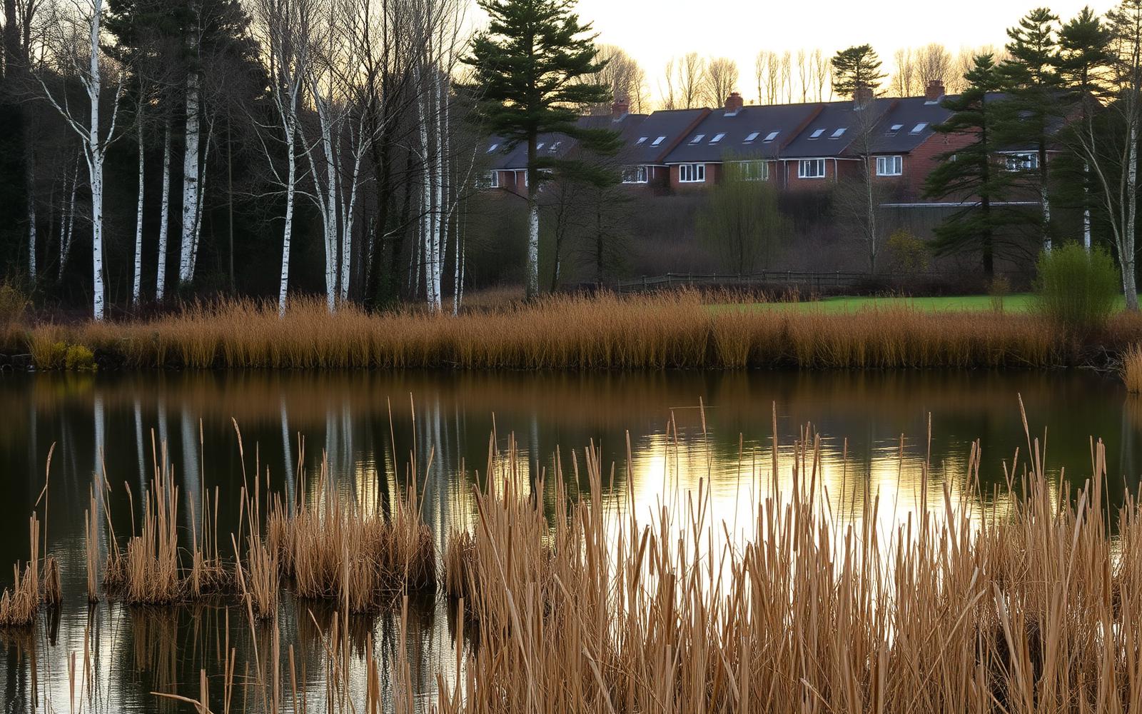 Fleet Pond in Hampshire reflecting the sky with reeds and woodland along the far bank