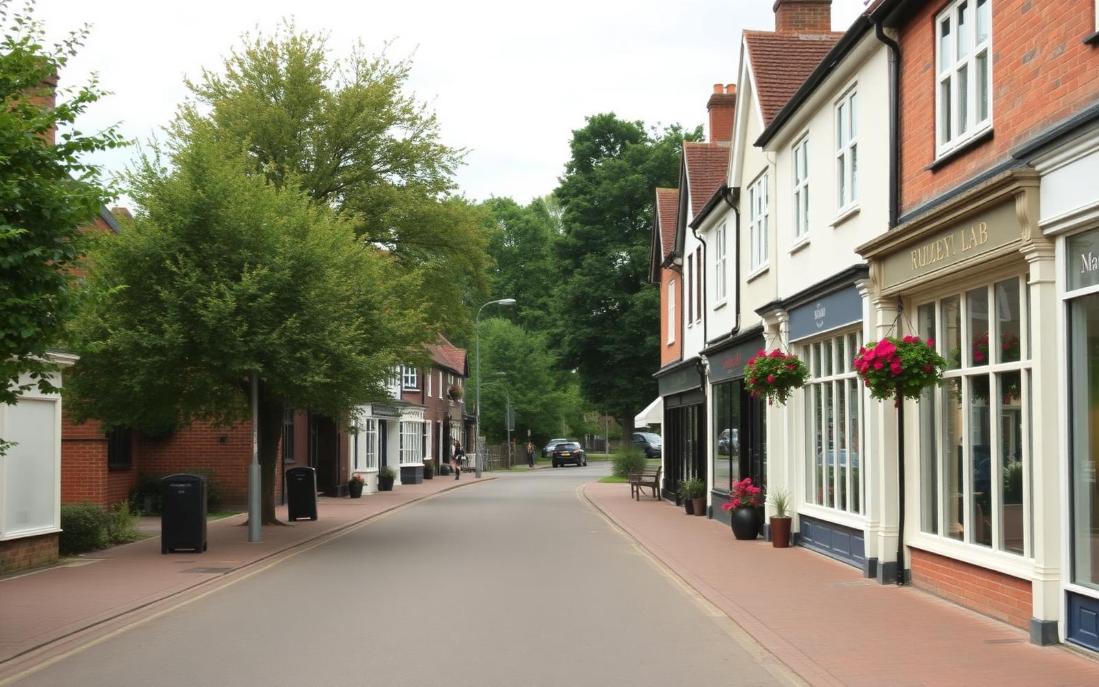 Traditional Frimley village high street with red brick shopfronts and hanging baskets