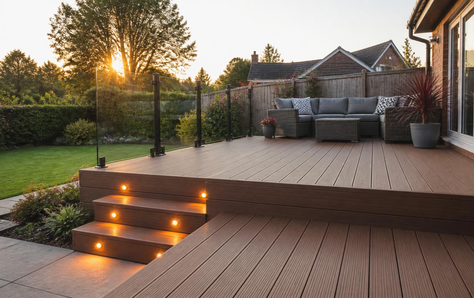 Composite timber garden decking with glass balustrade and integrated step lighting