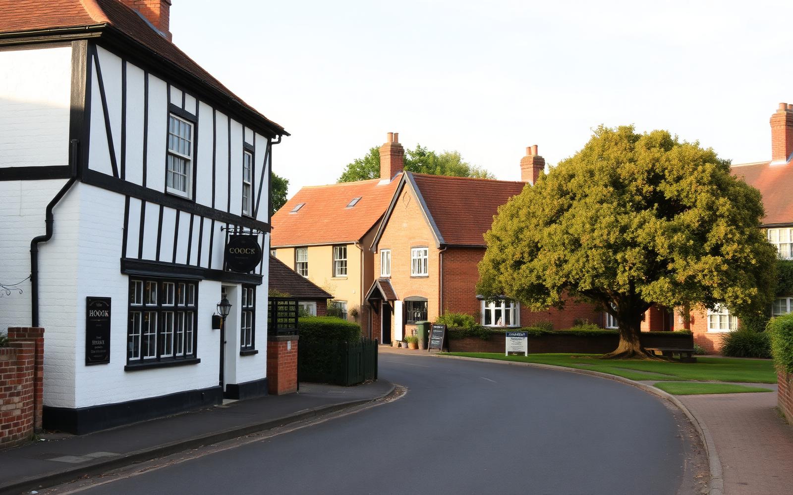 White-painted village pub and red brick cottages beside the quiet main road through Hook, Hampshire