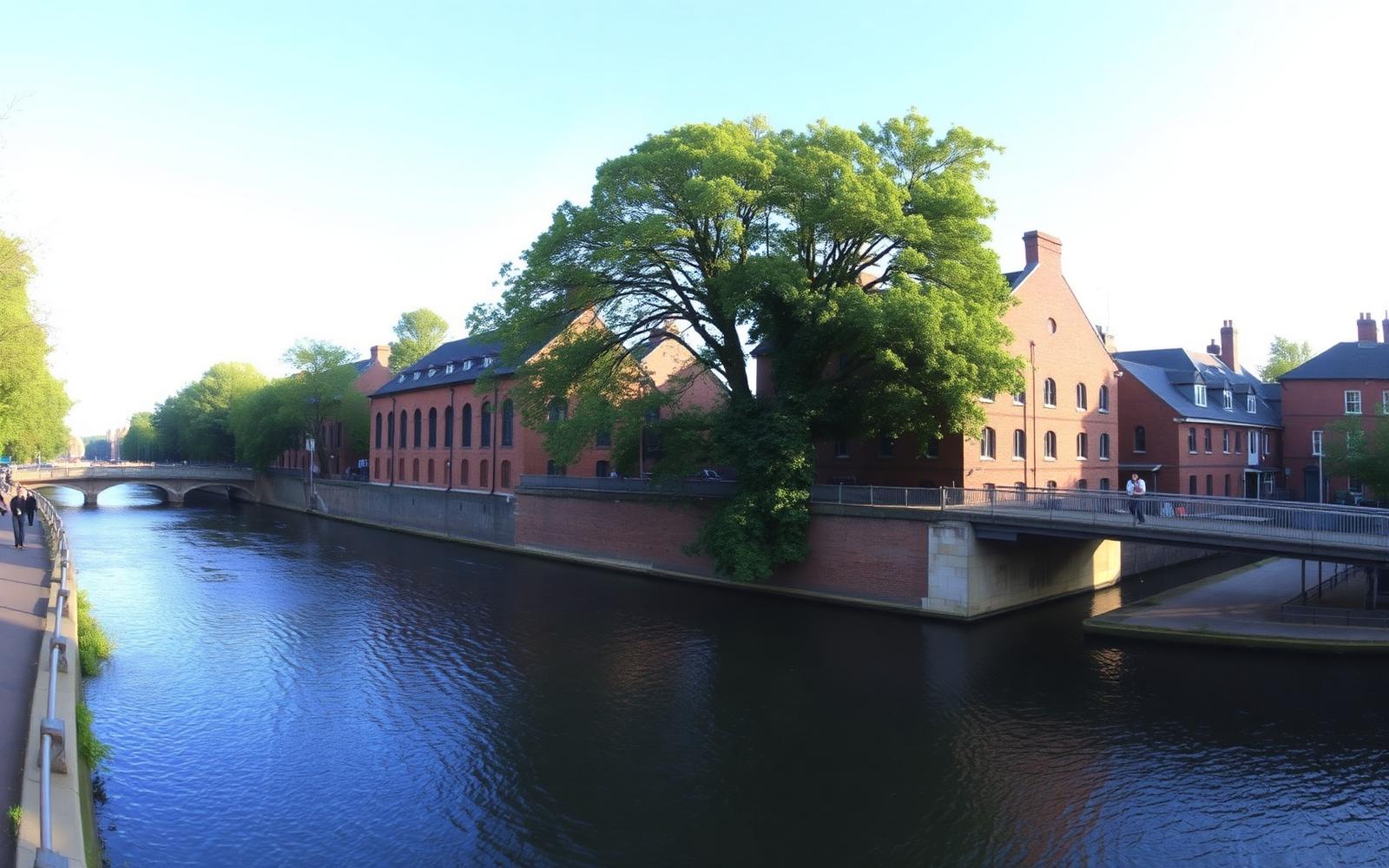 River Thames winding through Reading past red brick historic riverside warehouses and a pedestrian bridge