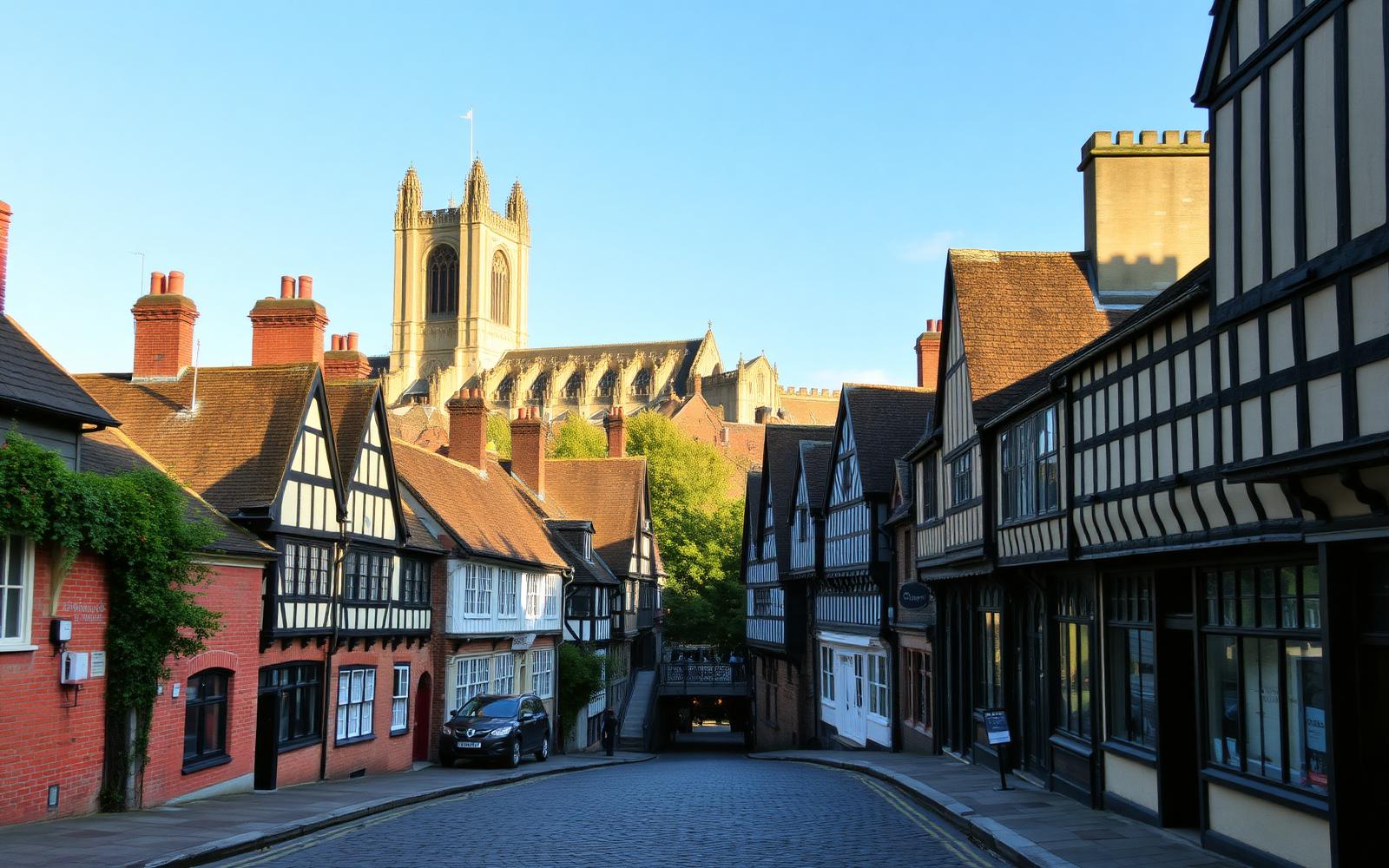 Winchester Cathedral rising above a cobbled medieval street lined with timber-framed Tudor buildings